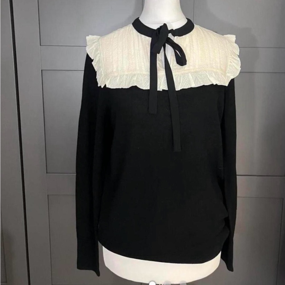 Sandro Black and Cream Ruffle Blouse 3/L